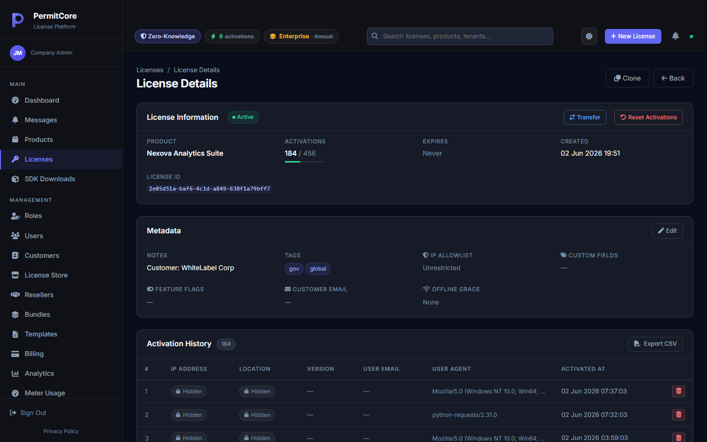 A License Details page showing real activation history