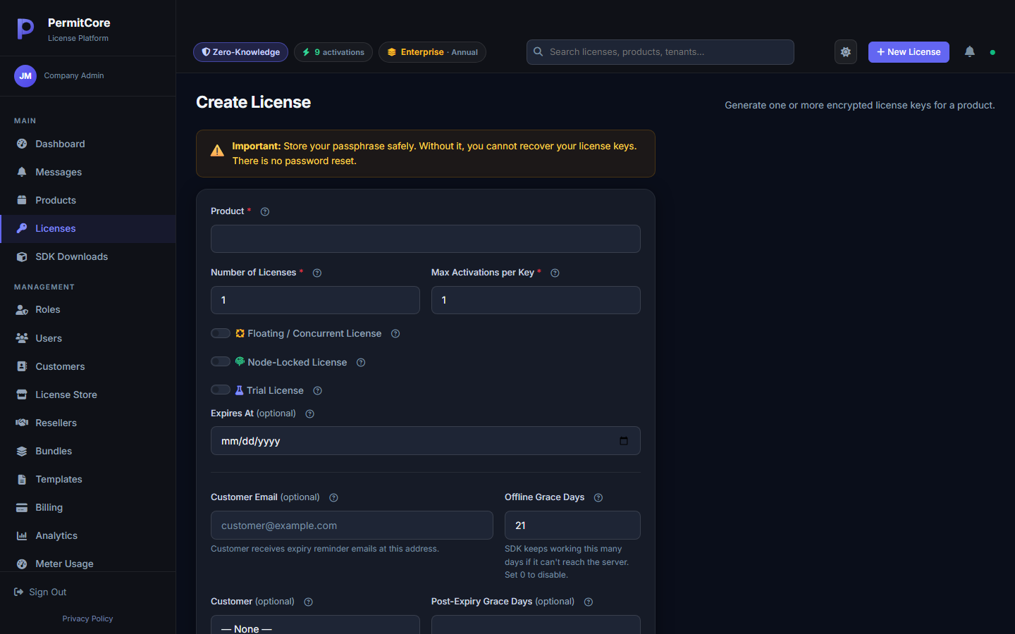 The Create License form showing product selection, activation limits, and license type toggles