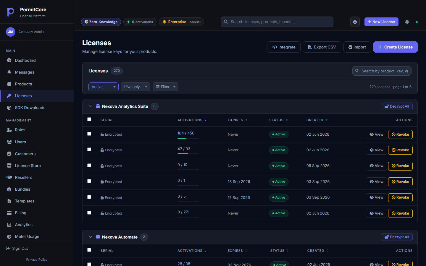 The Licenses list showing generated keys grouped by product