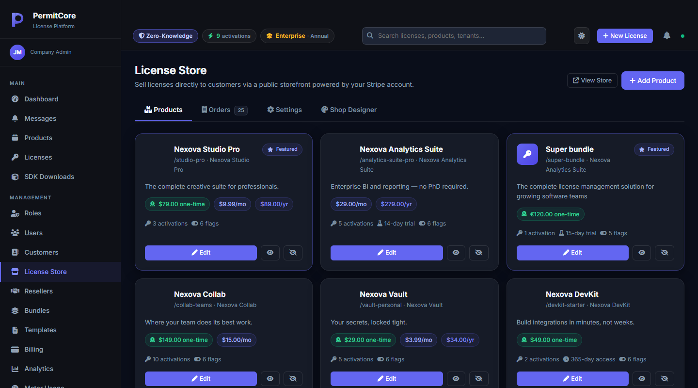 The License Store admin panel showing several products with pricing