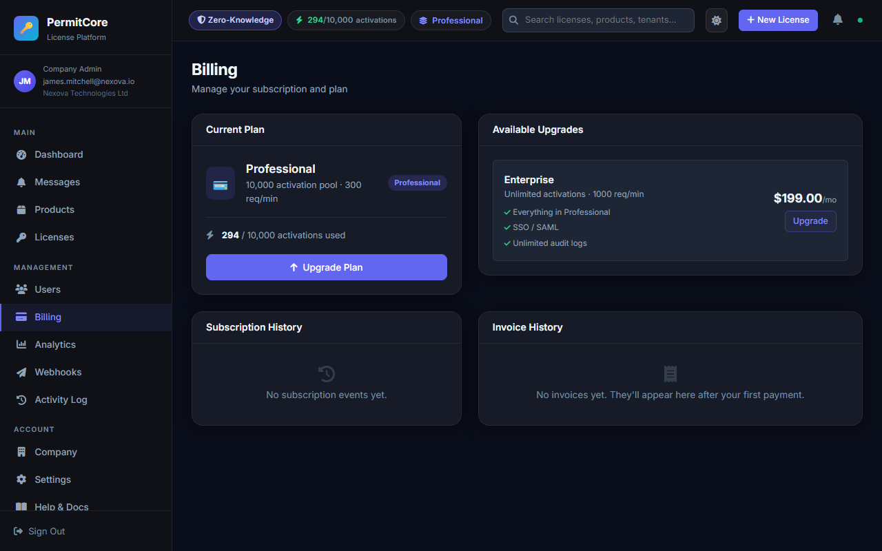 Billing page