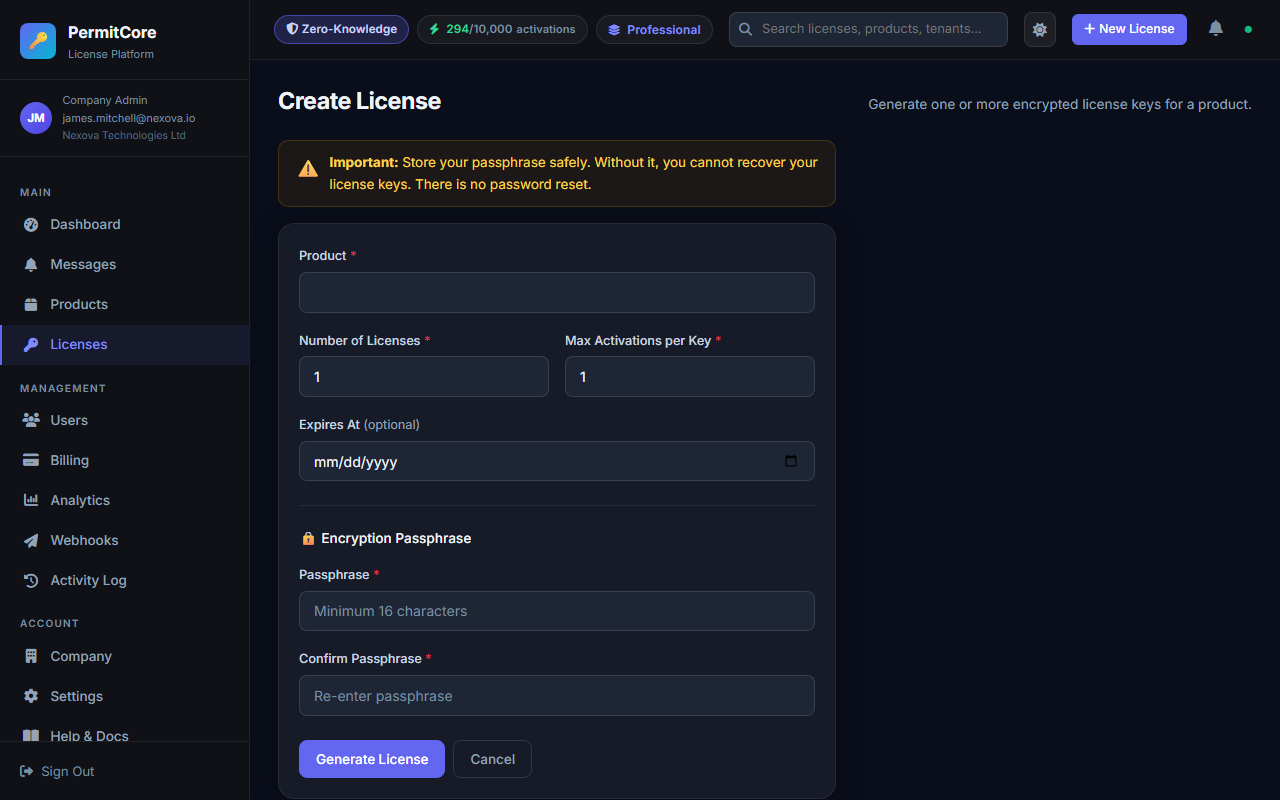 Create License form