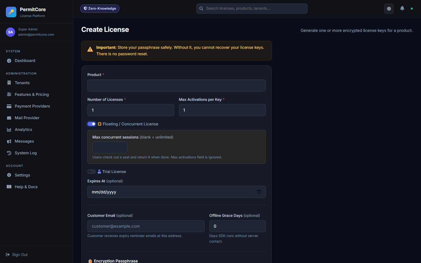 Floating license in admin panel