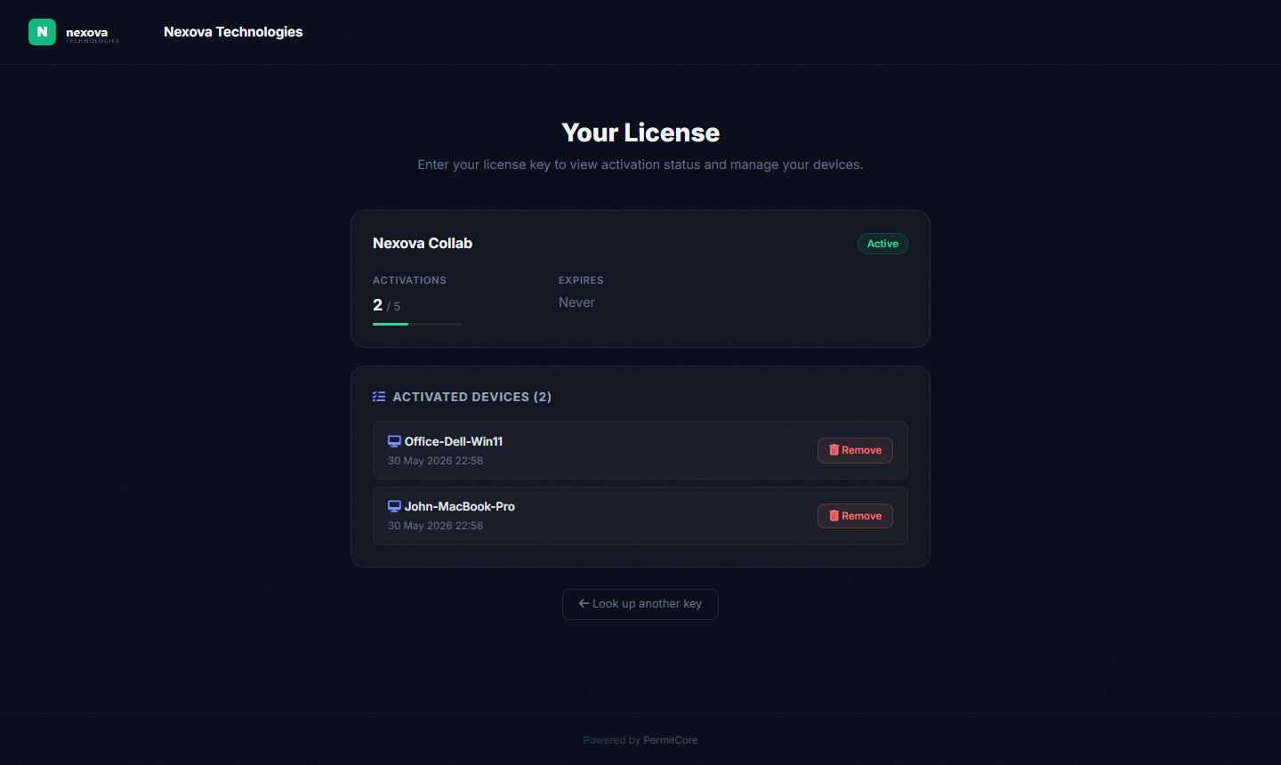 White-label portal — license details with activated devices