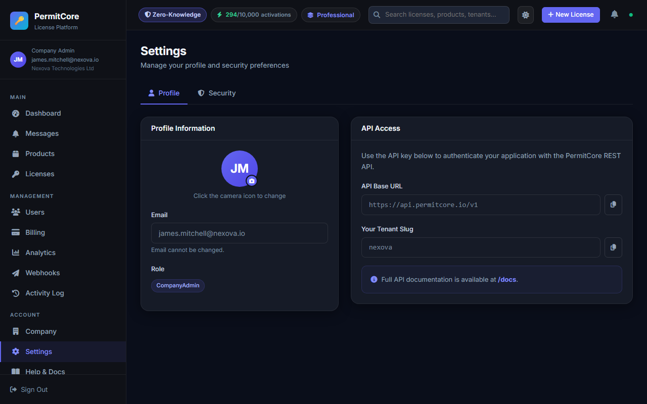 Settings page