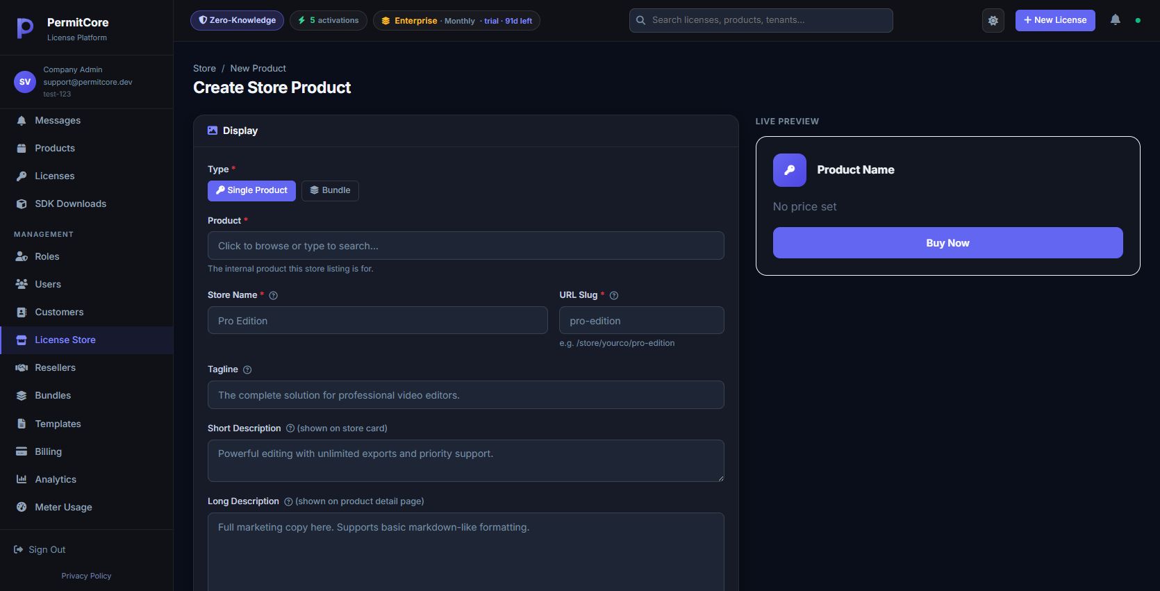 Store product editor with live preview