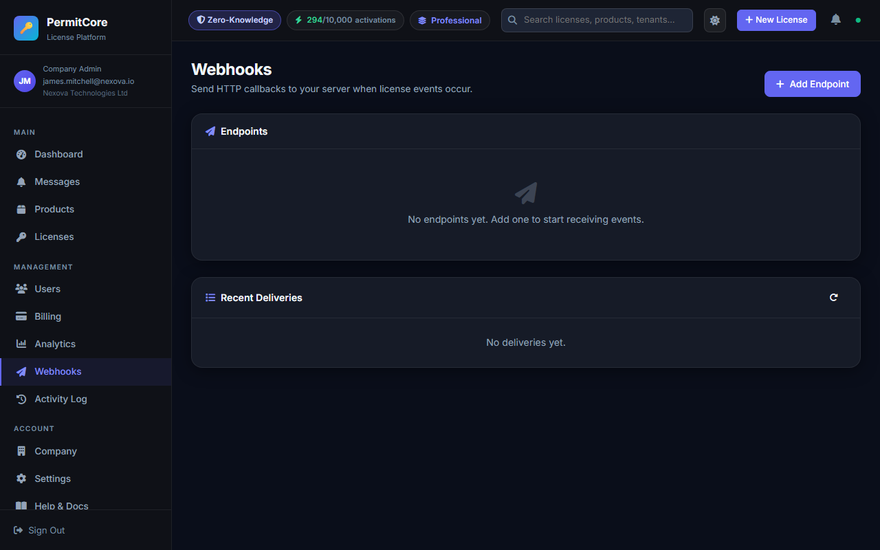 Webhooks page before adding the first endpoint