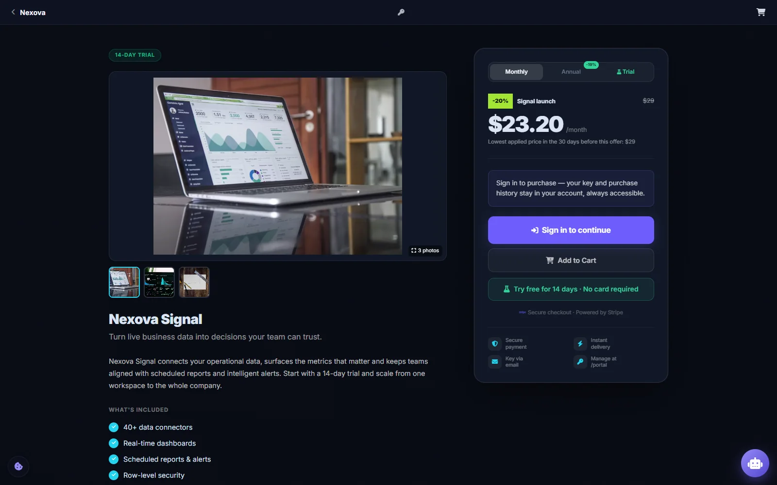 Store 2.0 product detail page with free trial discount and lowest 30-day price